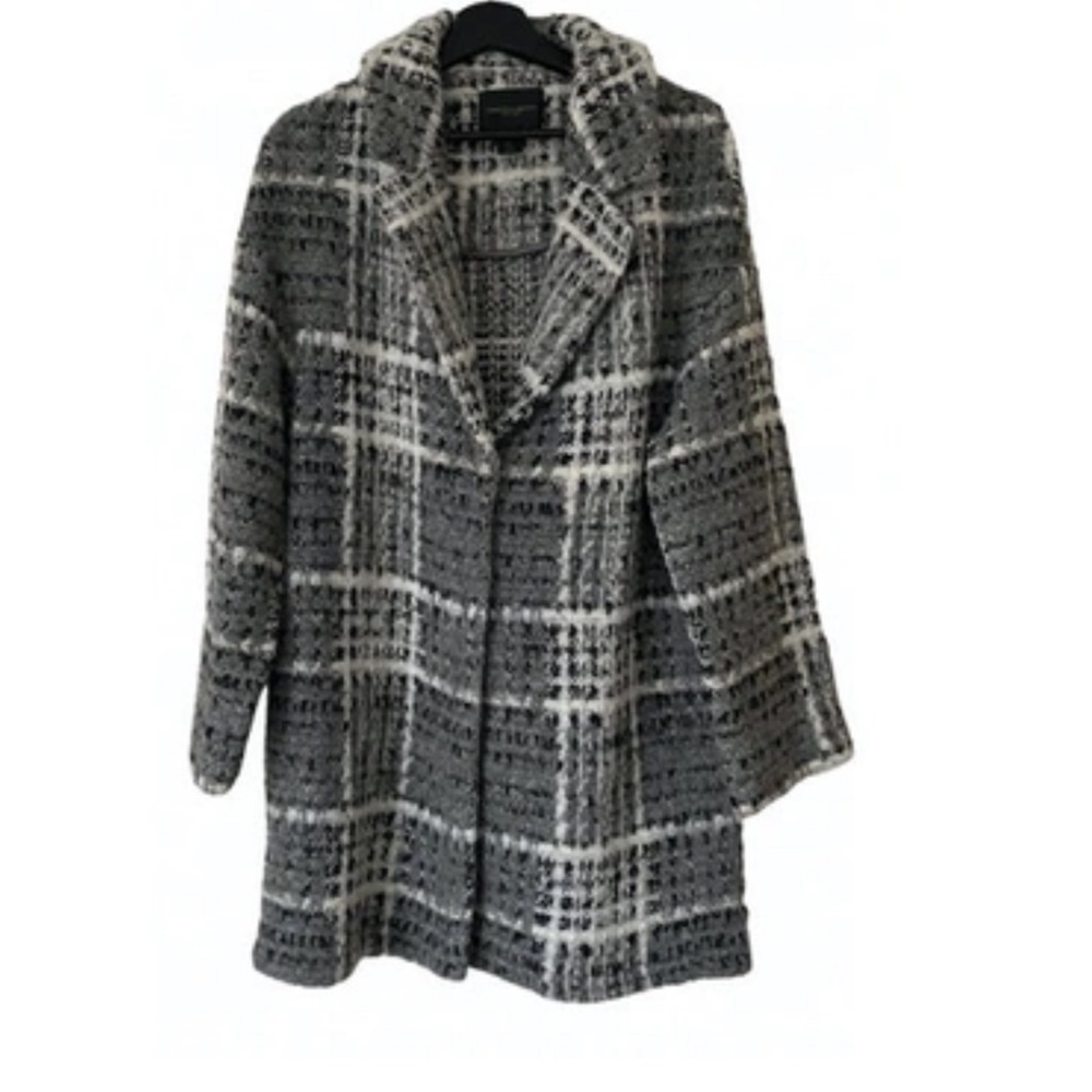 CHRISTIAN SIRIANO Grey Black &‎ White Wool Blend Plaid Tweed Notch Lapel Coat SM